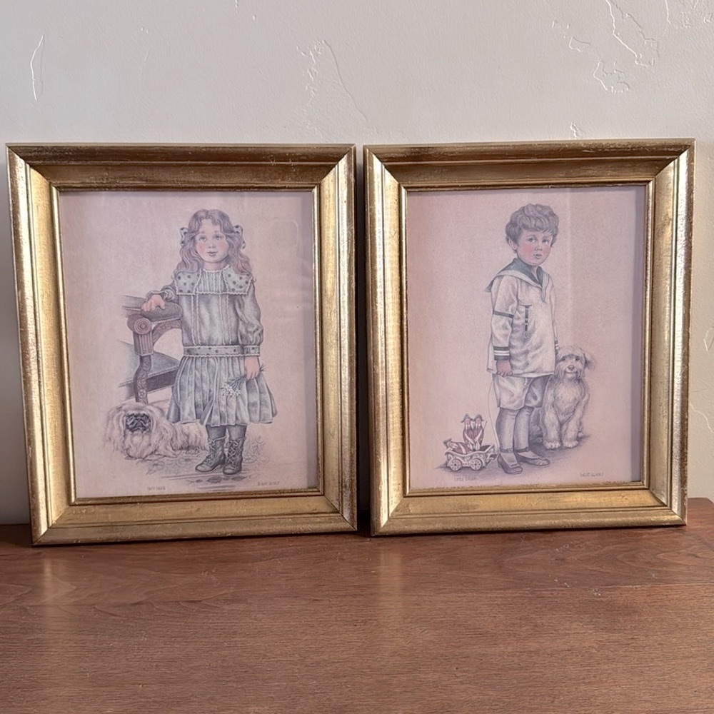 Vintage Gold Framed Victorian Boy Girl Dog Prints Robert Gentry Lithograph Print